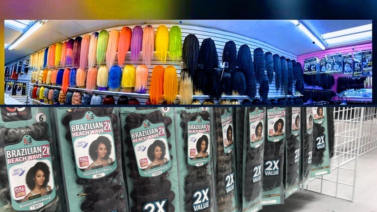 Beauty supply shelves with wigs and hair products.