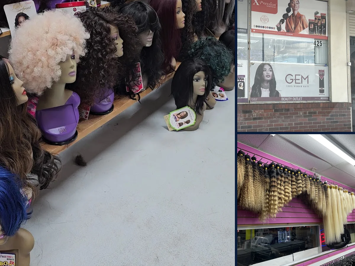 Store aisle lined with hair bundles and lashes.